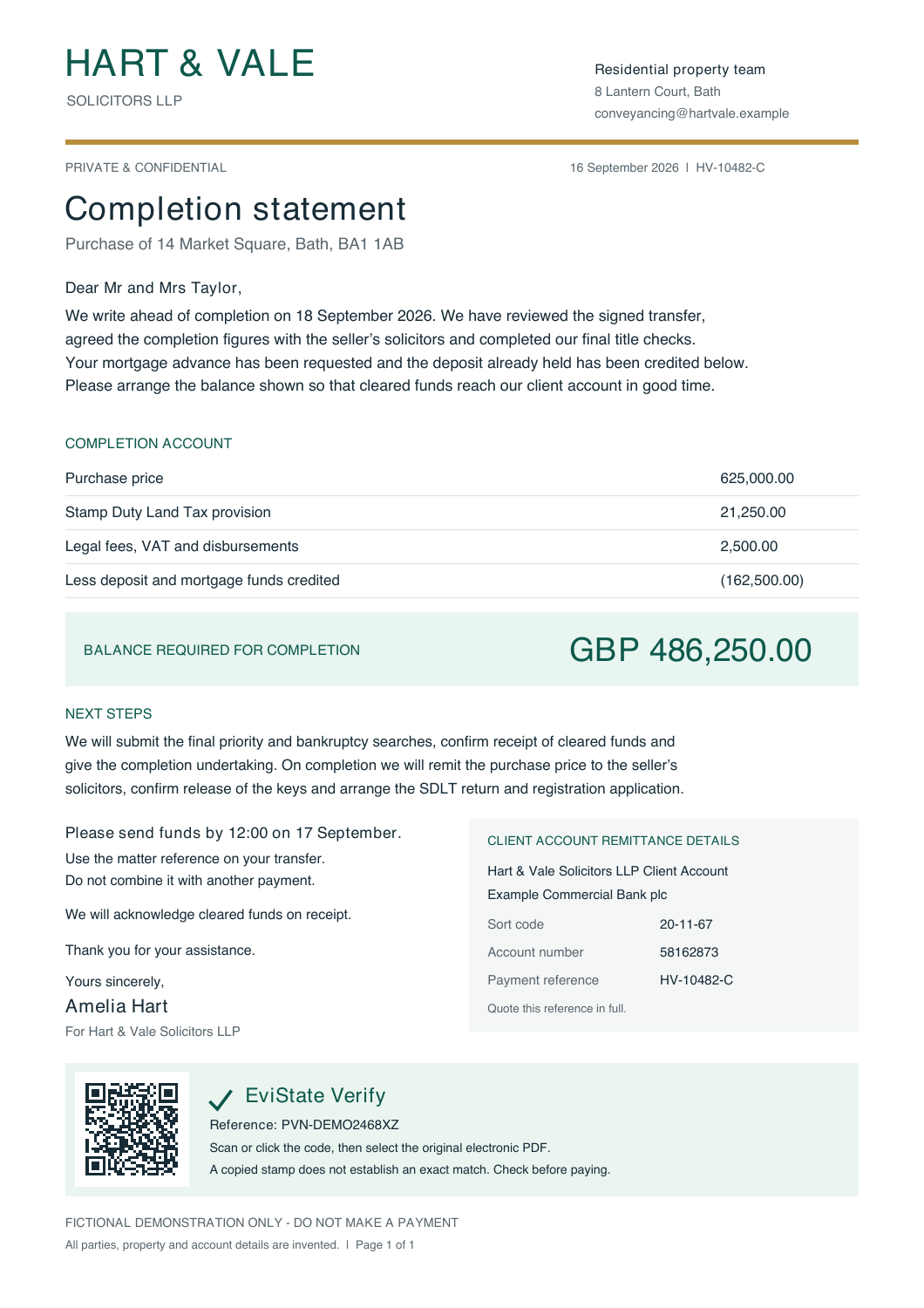 Document A: fictional Hart & Vale completion statement. Balance GBP 486,250.00; account number 58162873.